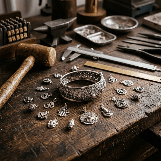 Silver jewellery pieces on artisan dark wood workbench